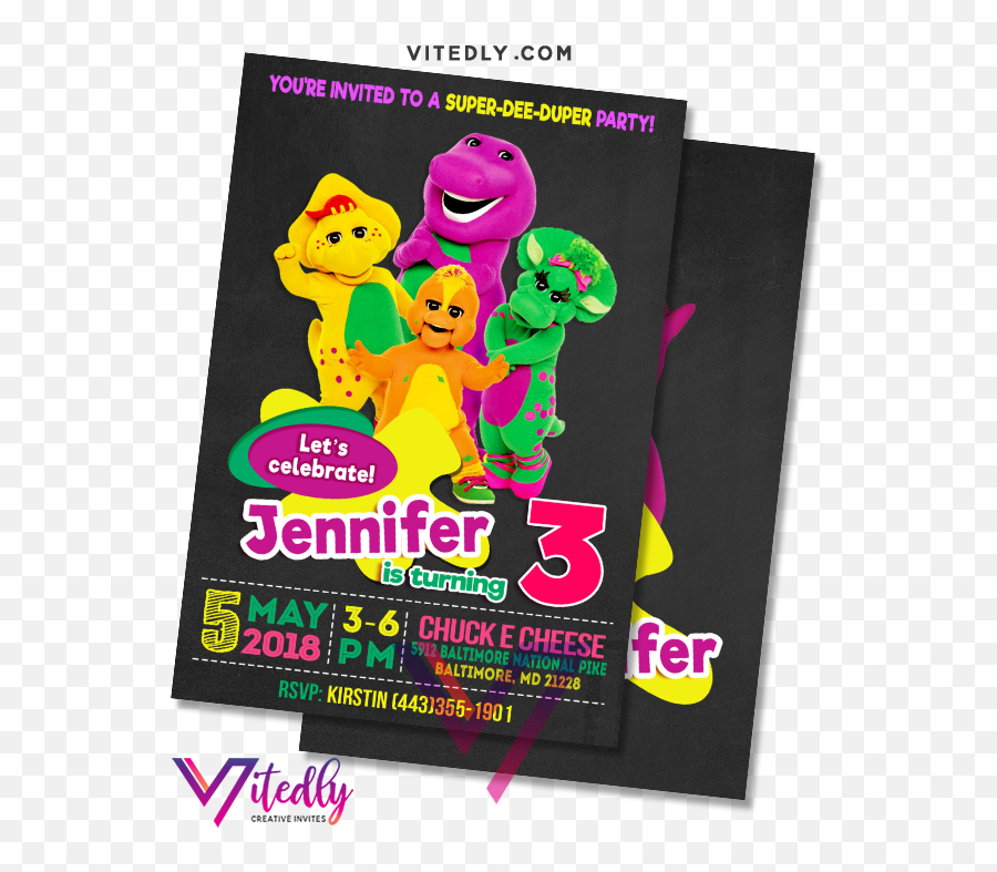 Barney Birthday Invitation With Free Thank You Card U2013 Vitedly - Scooby Doo Birthday Invitations Png,Barney Png