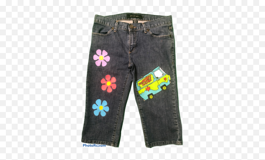 Scooby Doo Mystery Machine Hand - Painted On Calvin Klein Denim Capri Pants For Women Size 6 Pocket Png,Mystery Machine Png