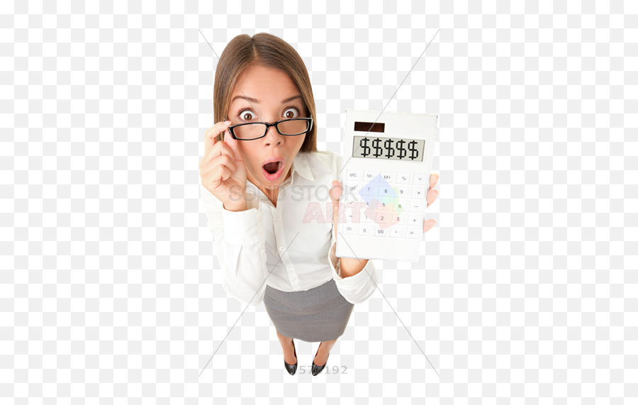 Stock Photo Of Shocked Brunette Asian Businesswoman Holding Calculator With Dollar Symbols - Funny Accountant Woman Png,Calculator Transparent Background