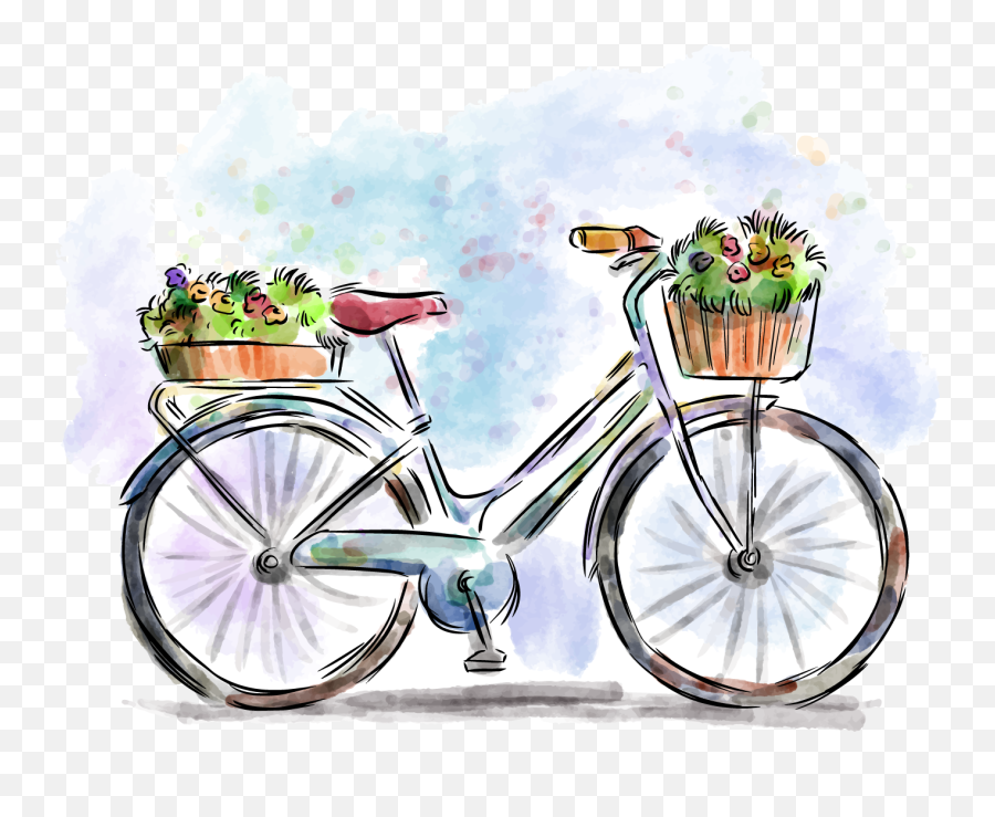Tire Tracks Vector Png - Bicycle Clipart Basket Vector Bike Watercolor Painting,Tire Tracks Png