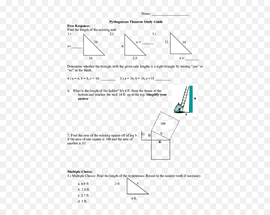 Doc Pythagorean Theorem Study Guide Mark Aguilos - Pythagorean Theorem Multiple Choice Png,Right Triangle Png