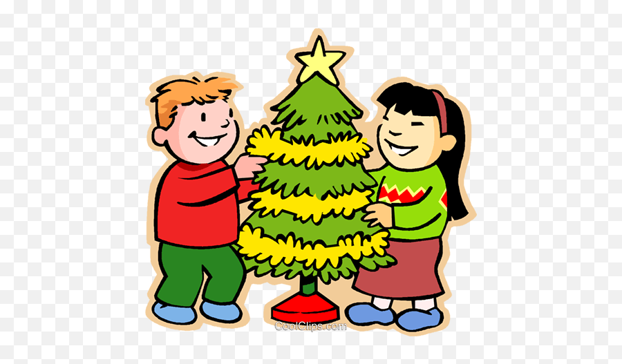 Boy And Girl Decorating Christmas Royalty Free Vector Clip - Printable Lyrics For Must Be Santa Song Png,Cartoon Christmas Tree Png