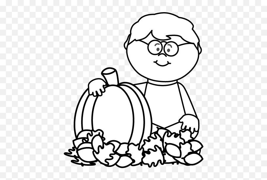 Black And White Boy Sitting In Leaves With Pumpkin Clip Art - Fall Clipart Black And White Png,Pumpkin Clipart Transparent Background