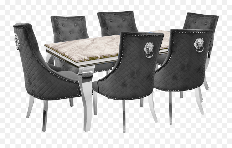 Imperial White Smoke Dining Table 16m With 6 Grey Plush Lion Duke Chairs - Club Chair Png,Table And Chairs Png