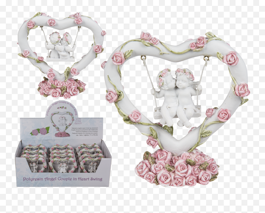Polyresin Angel Couple In Heart Swing With Pink Coloured Png Rose