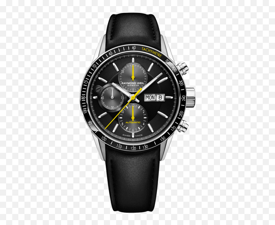 Menu0027s Black Yellow Chronograph Leather Watch - Freelancer Raymond Weil Raymond Weil 7731 Stc 20021 Png,Watch Hand Png