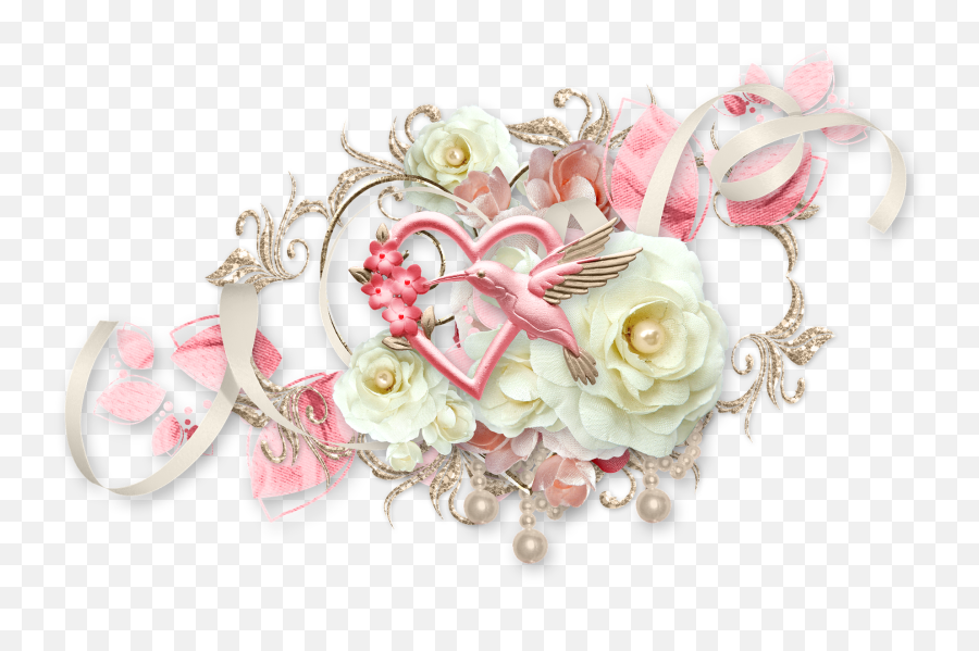Cluster Heart Bird Hummingbird Rose White Pinkcluster - Garden Roses Png,Rose Heart Png