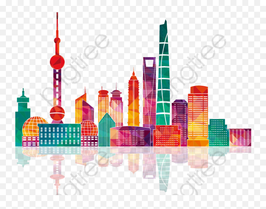 Colorful Shanghai Building Silhouettes - Shanghai Skyline Shanghai Skyline Illustration Png,Building Silhouette Png
