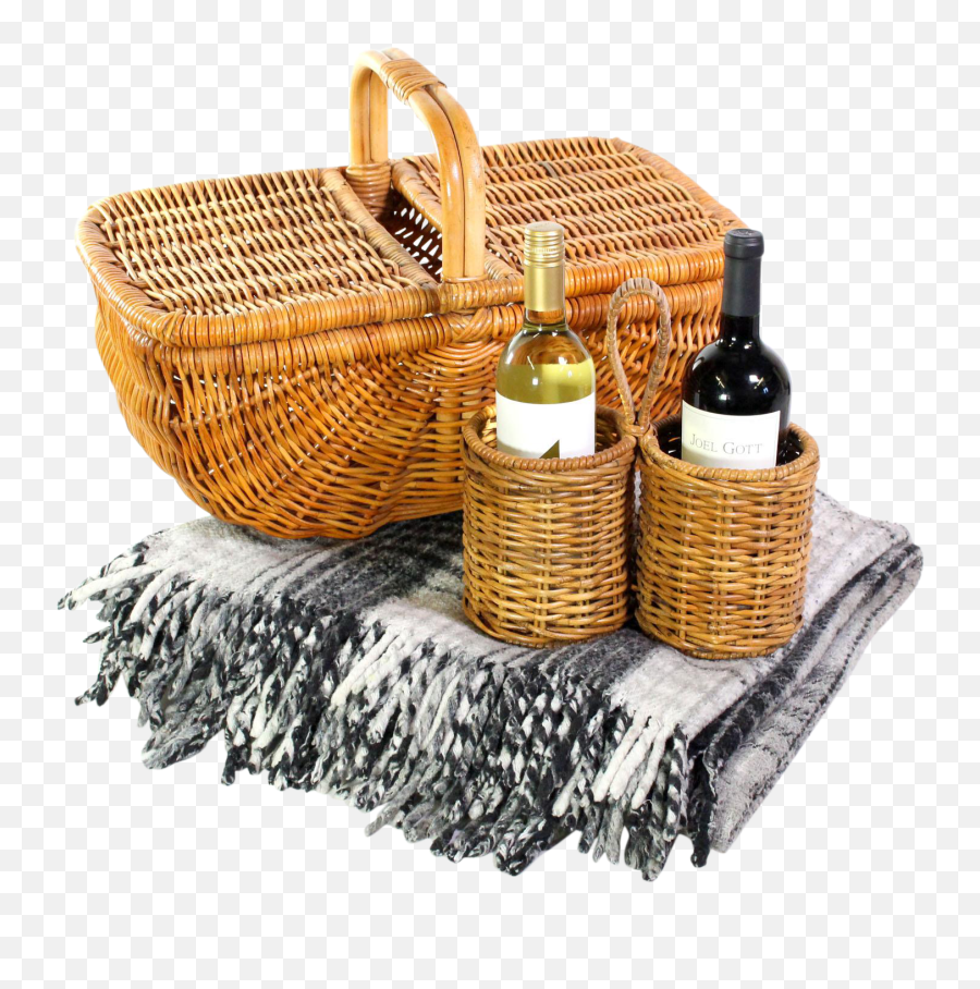 1960u0027s Wicker Woven Picnic Basket Double Wine Holder Grey Plaid Wool - Blend Blanket A Set Wicker Png,Picnic Blanket Png