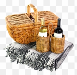 1960u0027s Wicker Woven Picnic Basket Double Wine Holder Grey Plaid Wool - Blend Blanket A Set Wicker Png,Picnic Blanket Png
