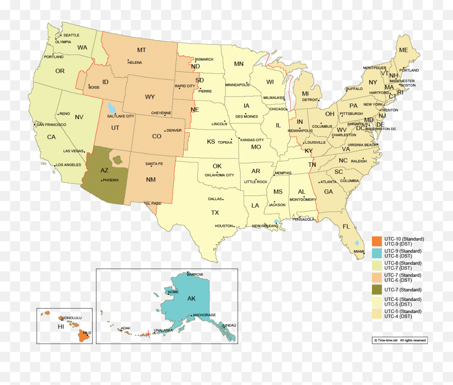 Usa Time Zone Map - With States With Cities With Clock Time Zone Is Michigan Png,Usa Map Png