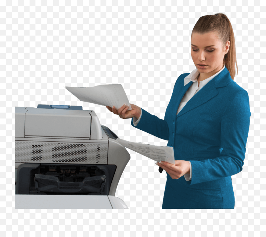 Business - Womanbluecoatnexttoofficeprinter Austin Girl With Photocopy Png,Business Woman Png