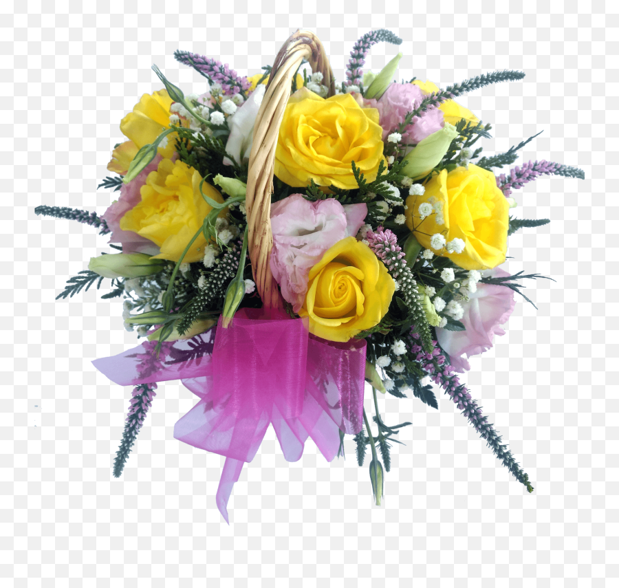 Yellow Roses And White Lisianthus Flower Basket - Floribunda Png,Yellow Rose Transparent