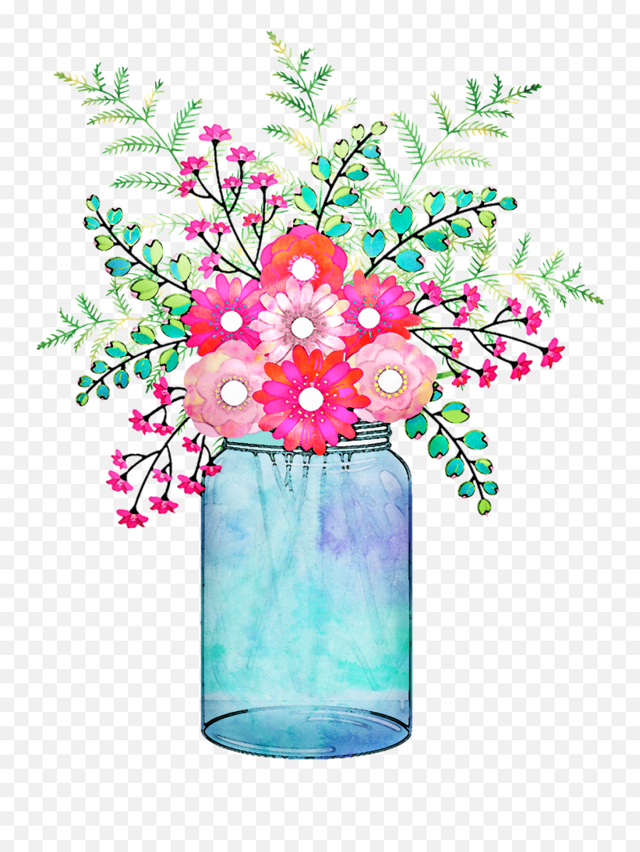 Watercolor Floral Vase Mason Jar - Pink Flowers In A Small Jar Clipart Png,Pink Watercolor Png