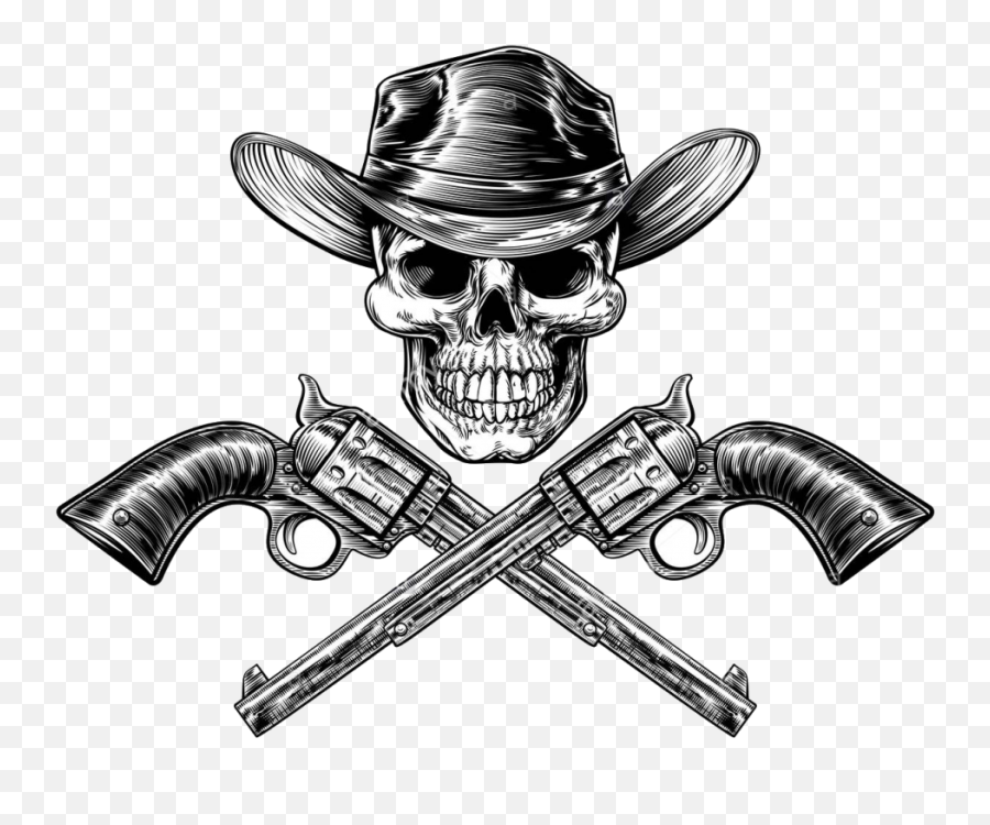 Guns Crossed Png - Skull Cowboy In Hat And A Pair Of Crossed Skull With Cowboy Hat,Revolver Transparent