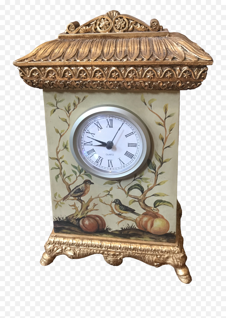 Gilt Carved Hand Painted Birds And Vines Vintage Clock - Quartz Clock Png,Vintage Clock Png