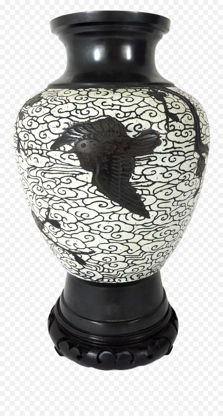 Antique Japanese Meiji Period Brown Bird And White Clouds Enamel Bronze Vase - Vase Png,Japanese Clouds Png