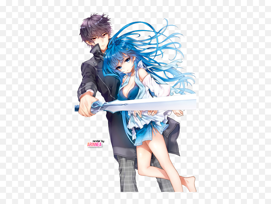 Anime Couple Tough Love Guy With Sword - Blue Hair Guy Anime Png,Hot Anime Girl Png