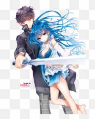 Anime Couple Tough Love Guy With Sword - Blue Hair Guy Anime Png,Hot Anime Girl Png