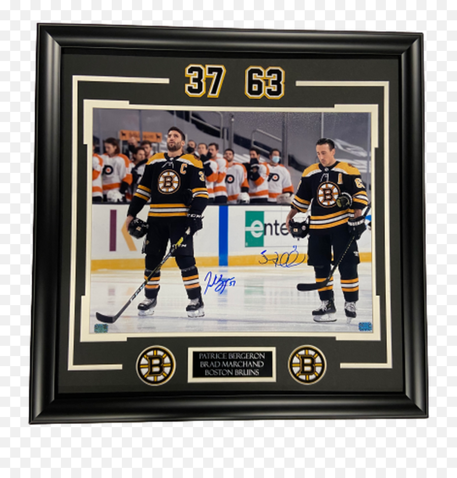 Patrice Bergeron And Brad Marchand Signed Autographed Photo 16x20 Frame - Hockey Pants Png,Gold Border Around Champion Not Icon