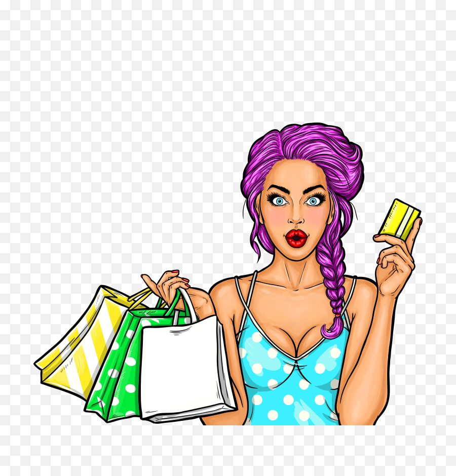 Pop art illustration of a young happy girl holding shopping bags on transparent  background PNG - Similar PNG