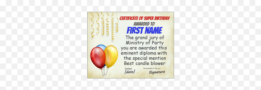Birthday Certificate Free Template - Greetingsdiscount Balloon Png,Birthday Blower Png