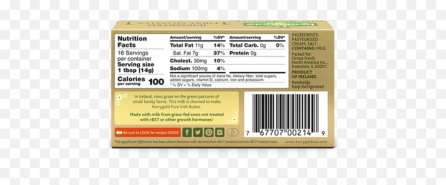 Kerrygold Pure Irish Salted Butter - Stick Of Butter Nutrition Facts Png,Stick Of Butter Png
