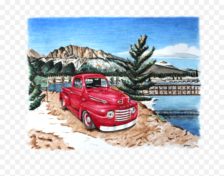 Yamnuska Mountain Seebe And The Ford Truck Watercolor - Antique Car Png,Ford Truck Png