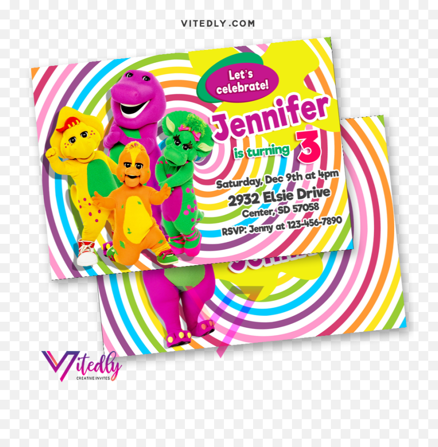 Barney Invitation With Free Thank You Card U2013 Vitedly - Horizontal Png,Barney Png