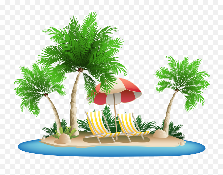 Beach Umbrella With Chairs And Palm Island Png Clipart - Transparent Tropical Island Png,Beach Umbrella Png