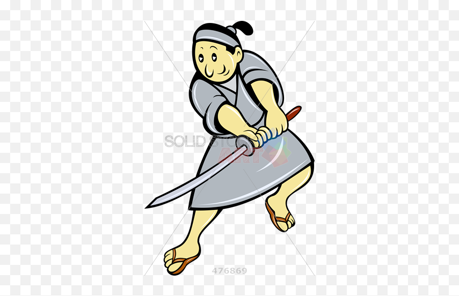 Stock Illustration Of Cartoon Samurai With Grey Outfit And Headband Swinging Sword - Art Swinging Sword Png,Cartoon Sword Png