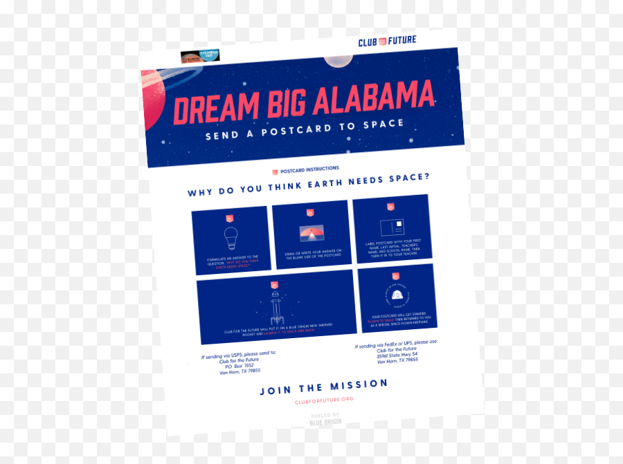 Blue Origin Club For The Future Dream Big Alabama Send A - Vertical Png,Postcard Icon