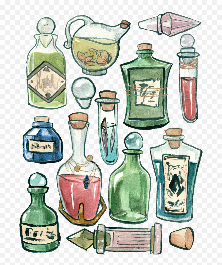 Watercolor Glass Potion Bottles Art Print By Caitlin Gadd - Potion Bottles Watercolor Png,Potions Png