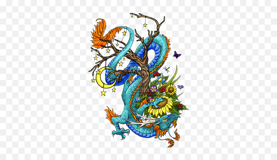 Multicolor Asian Dragon With Flowers And Moon Tattoo Design - Dragon Tattoo Designs Png,Asian Dragon Png