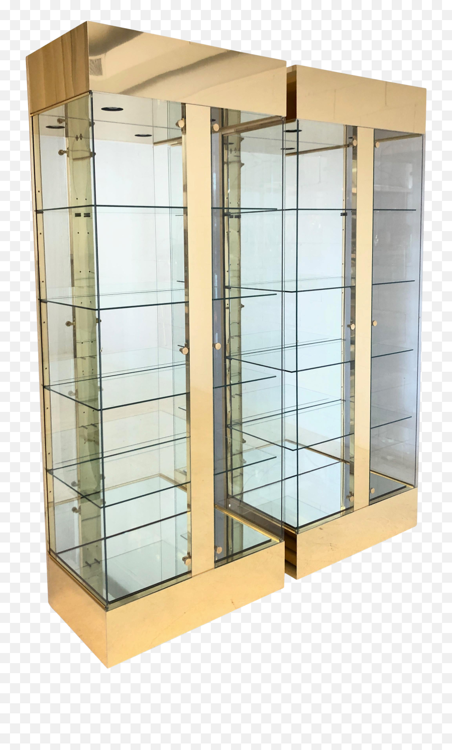 Pair Of Lighted Brass And Glass Curios Display Cabinets - Display Case Png,Glass Reflection Png