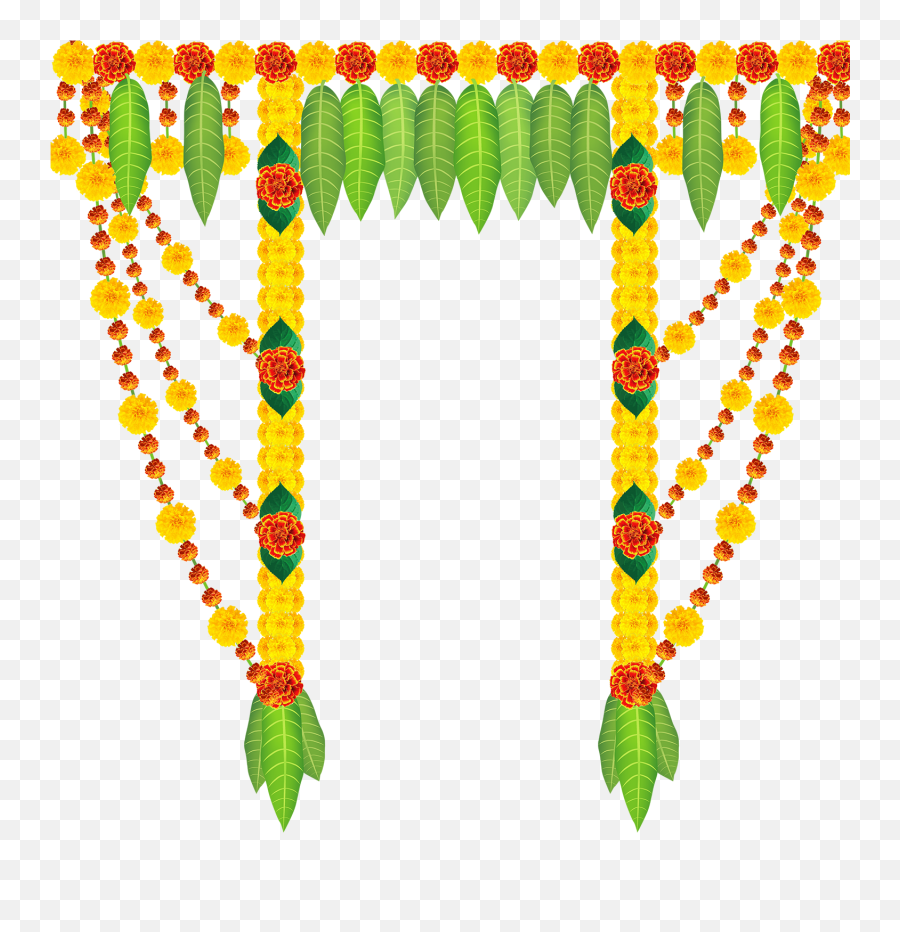 Flower Garland For Door Of Mango Leaves And Marigold Flowers - Red Beads Gold Chain Designs Png,Flower Garland Png