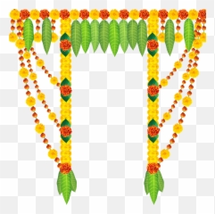 Flower Garland For Door Of Mango Leaves And Marigold Flowers - Red Beads Gold Chain Designs Png,Flower Garland Png