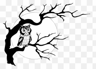 The Moon And Owl - Simple Black Tree Drawing png