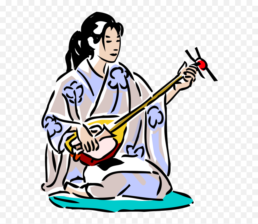 Vector Illustration Of Japanese Geisha In Kimono With - Cartoon Image Of A Boy Playing Sitar Png,Lute Png