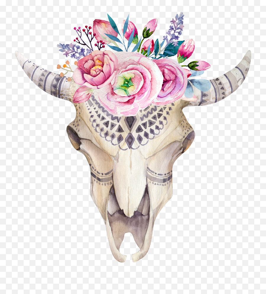 Watercolor Flower Skull Boho - Clipart Of Cow Skull With Flowers Png,Boho Png