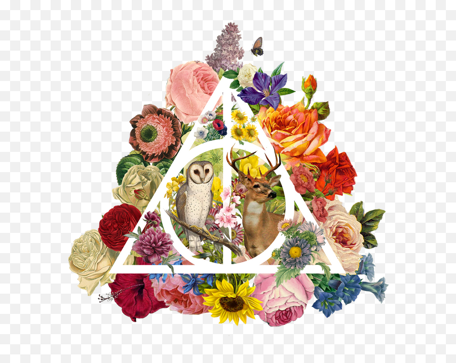 Floral Deathly Hallows Owl And Stag - Floral Deathly Hallows Symbol With Flowers Png,Deathly Hallows Png