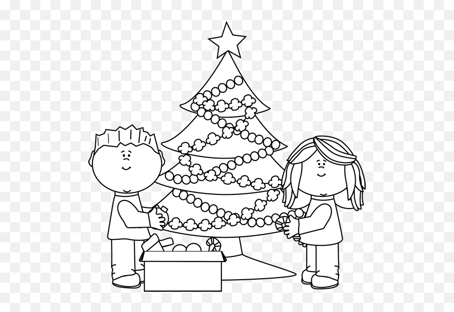 White Kids Decorating Christmas Tree - Decorate Christmas Tree Clipart Black And White Png,Tree Clipart Black And White Png