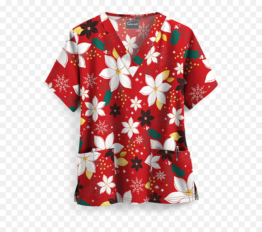 Ua Holiday Poinsettia Red V - Neck Print Scrub Top 2x Print Short Sleeve Png,Poinsettia Icon