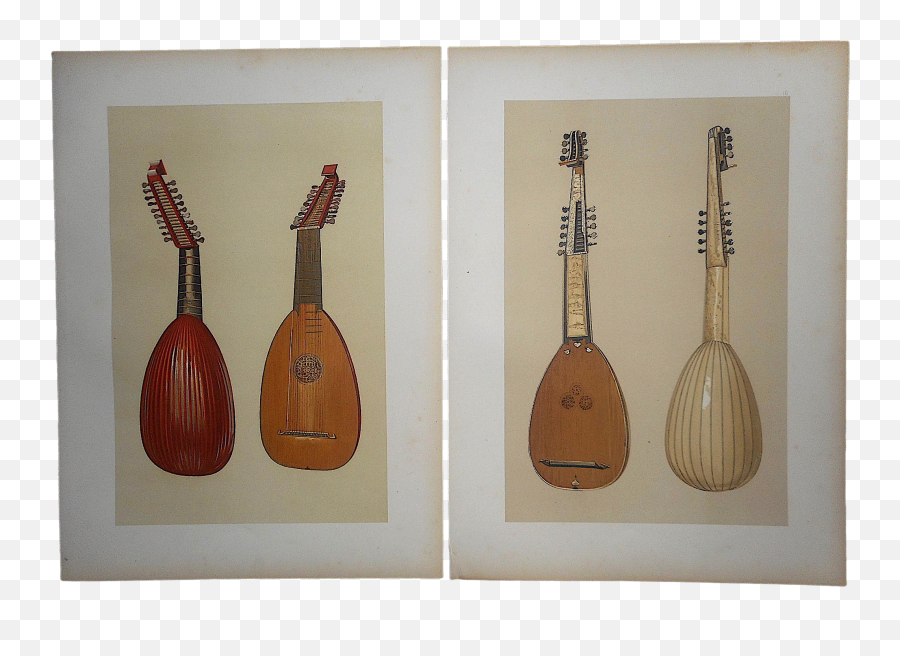 Antique Ltd Ed Lithographs - Musical String Instruments Lute U0026 Theorboa Pair Indian Musical Instruments Png,Lute Png