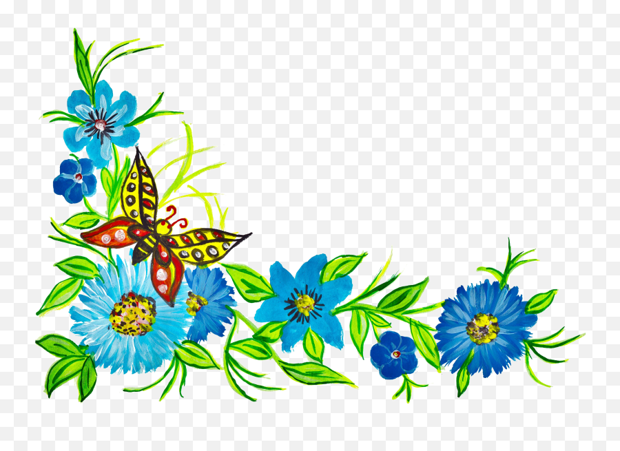 5 Flower Butterfly Corner - Flower With Butterfly Png,Corner Flowers Png