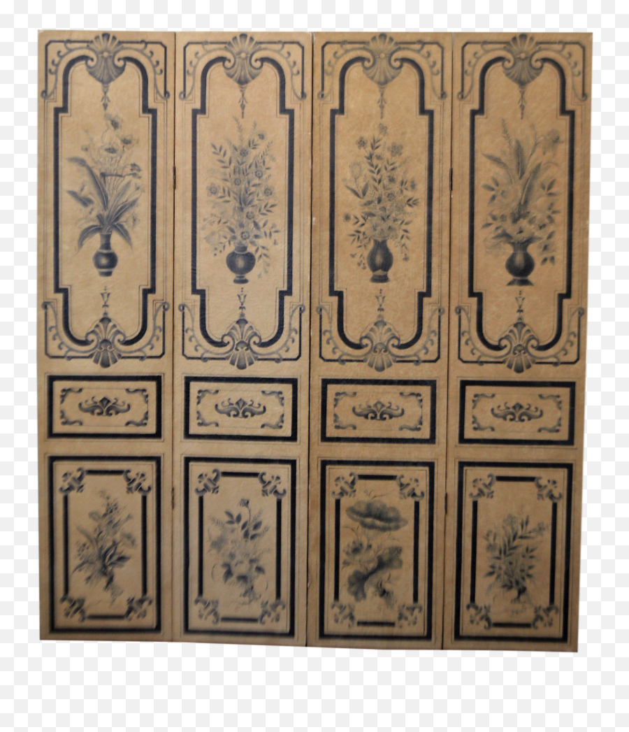 19th Century Para - Vent Screnn Hand Painted Floral Designs On Parchment Paper Navy Blue And Beige Cupboard Png,Parchment Paper Png