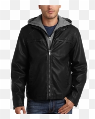 Pronto Uomo Black Faux Leather Modern Fit Motorcycle Jacket - Hooded png