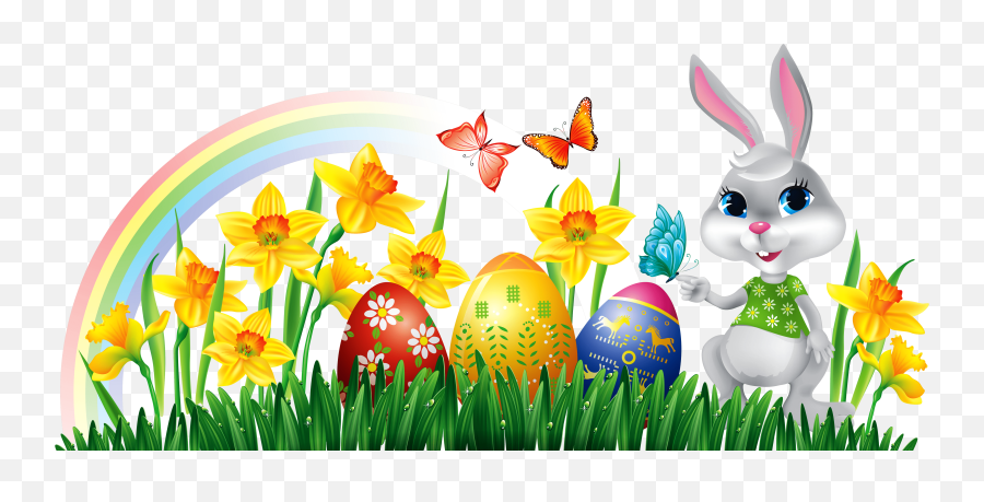 Easter Bunny With Daffodils Eggs And Grass Decor Png Clipart - Easter Clipart Png,Decor Png