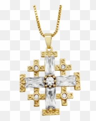 Gold Plated Jerusalem Cross Pendant Clear Topaz Crystals Jewelry Chain Necklace - Locket png