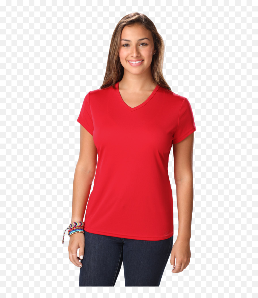 6302 - Redxssolidbg6302ladiesu0027 Value Wicking Vneck Tee Female Long Sleeve Orange Png,Red T Shirt Png